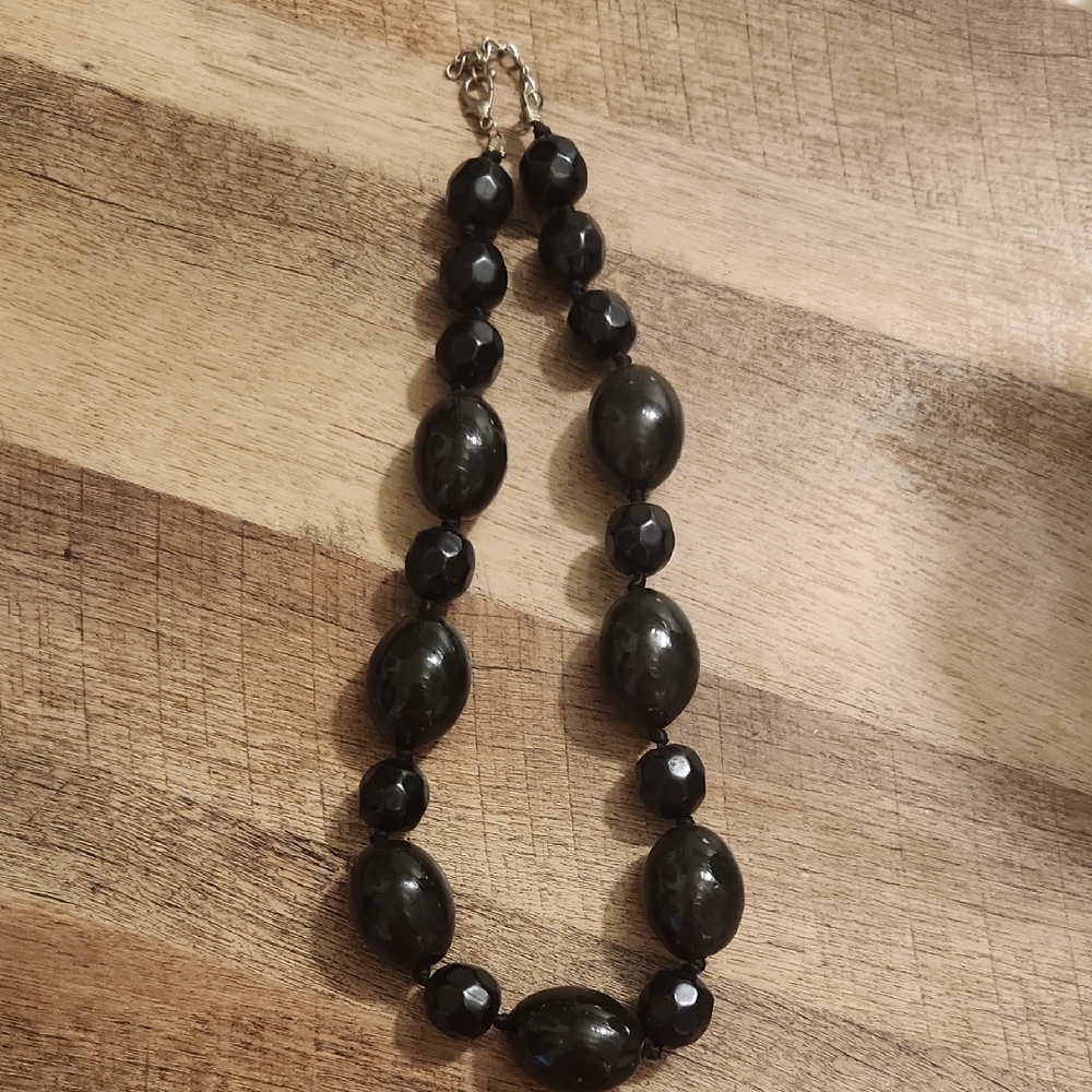 Vintage Glass Black Beaded Necklace Very Heavy 8.6 Ounces